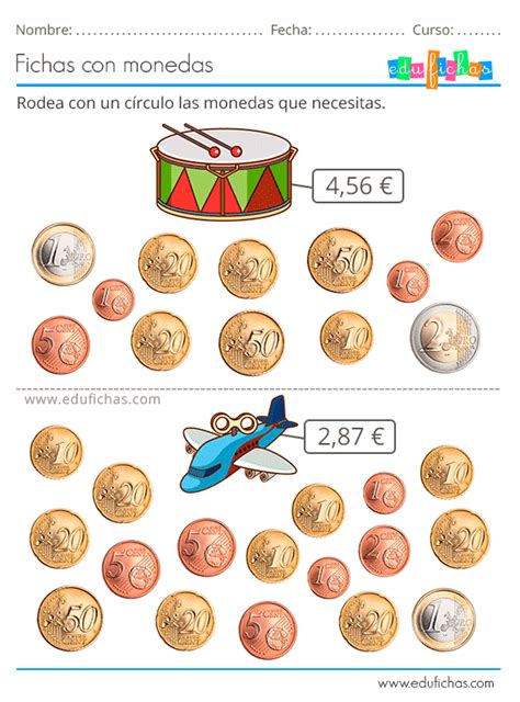 Fichas con Monedas y Dinero para Niños. Actividades con Euros.